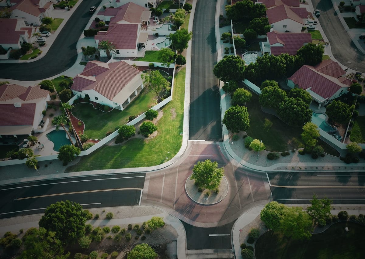 A roundabout in a nice suburban neighborhood